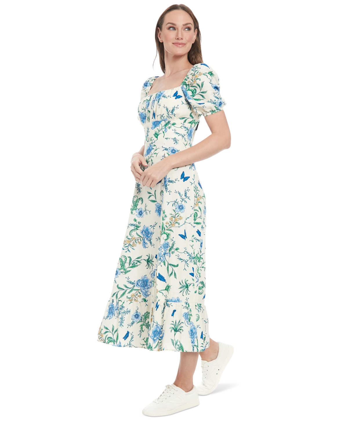 London Times Petite Linen-blend Floral-print Maxi Dress In Crmdnblu