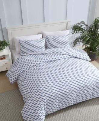 Woodblock Fish Percale 3-Pc. Duvet Cover Set, King