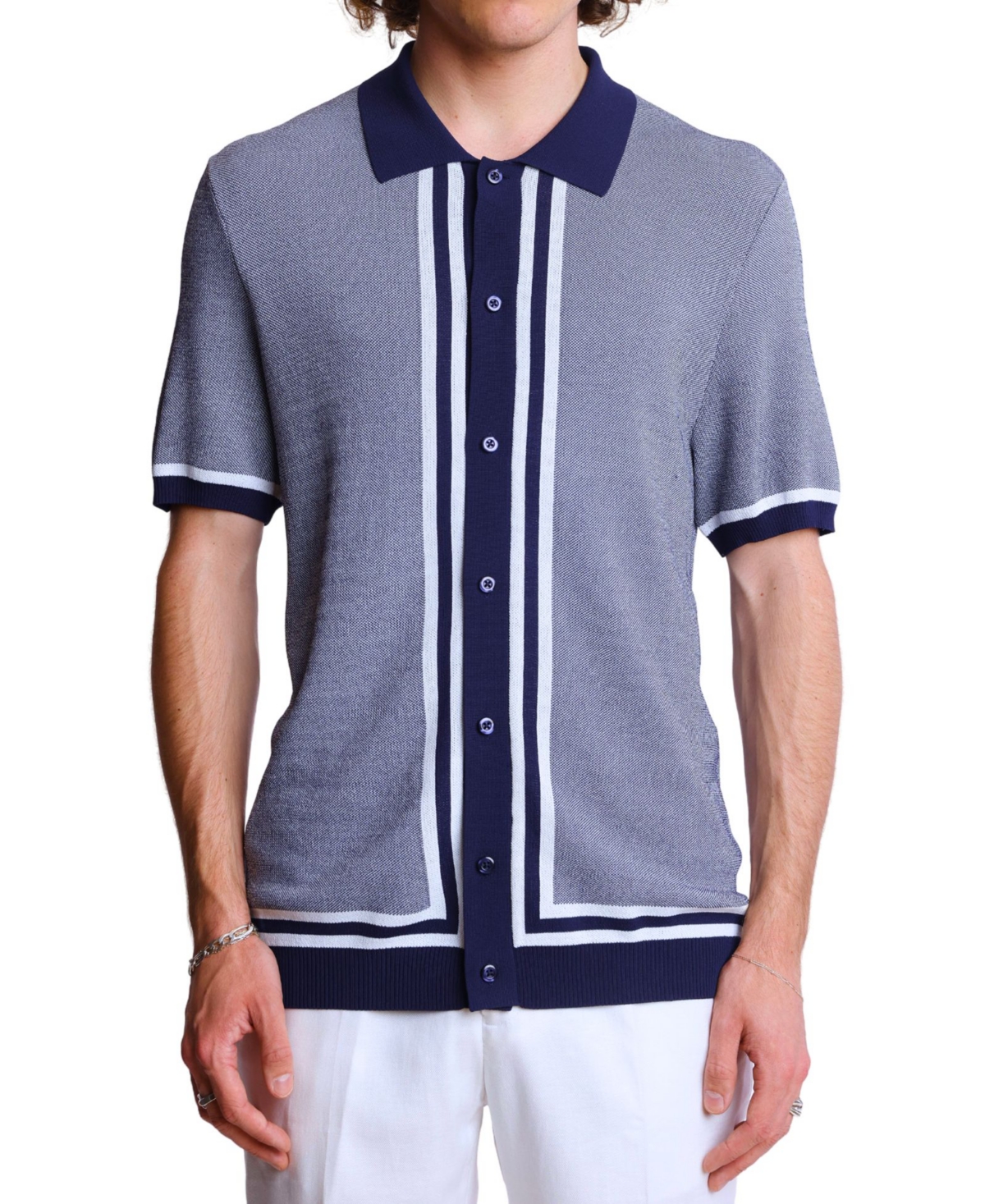 Men's Slim Fit Short Sleeve Full Placket Retro Polo Shirt - Navy White