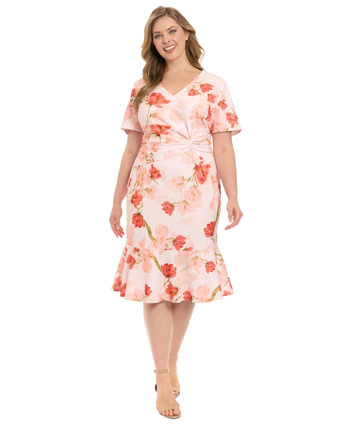 Plus Size Floral Side-Knot Ruffle-Hem Dress - Ivory Peach