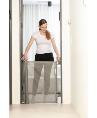 Retractable Baby Gate Gray for Stair and Doorway, 33" Tall Extends up to 55" Easy-to-Install Gray Retractable Mesh Baby Gate, Hardware Mounting Kit