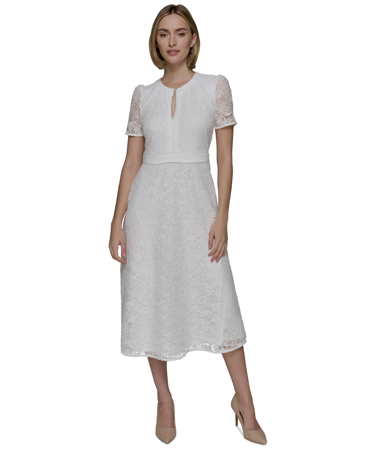 Karl Lagerfeld Women's Lace Keyhole Midi Dress In Soft White