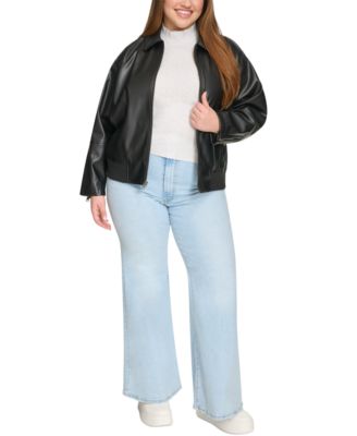 Plus Size Faux Leather Dad Bomber Jacket