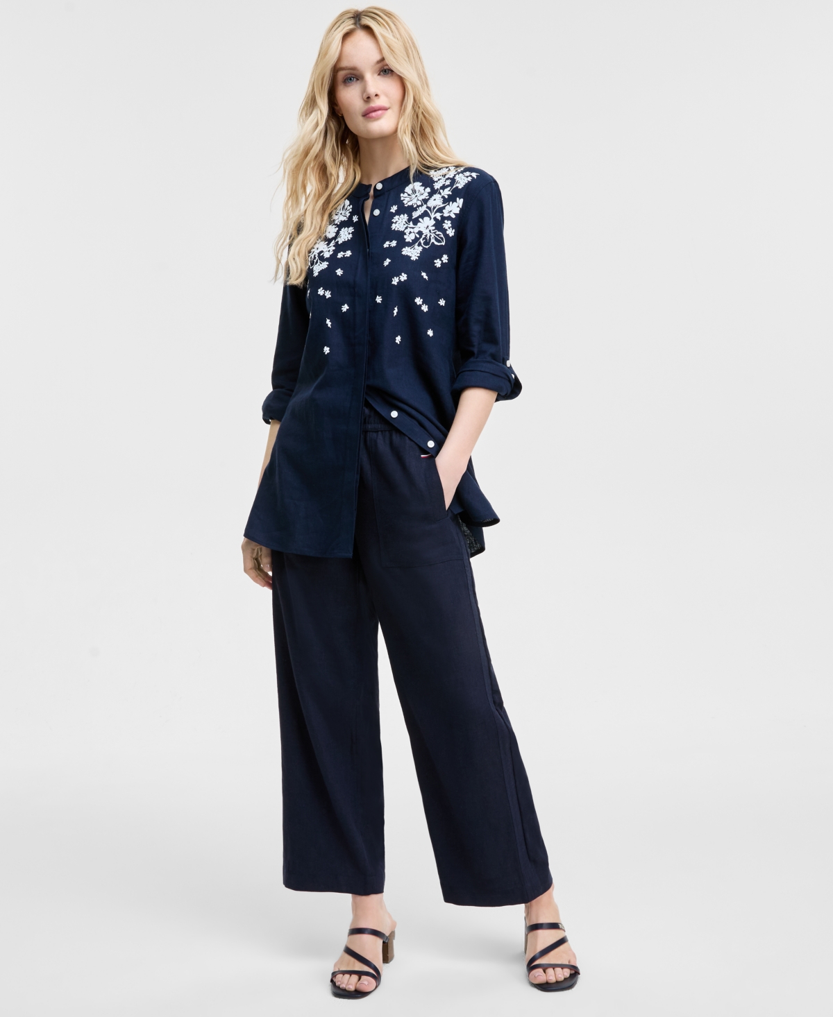 Tommy Hilfiger Womens Floral Puff Print Tunic Wide Leg Pants In Sky Captain