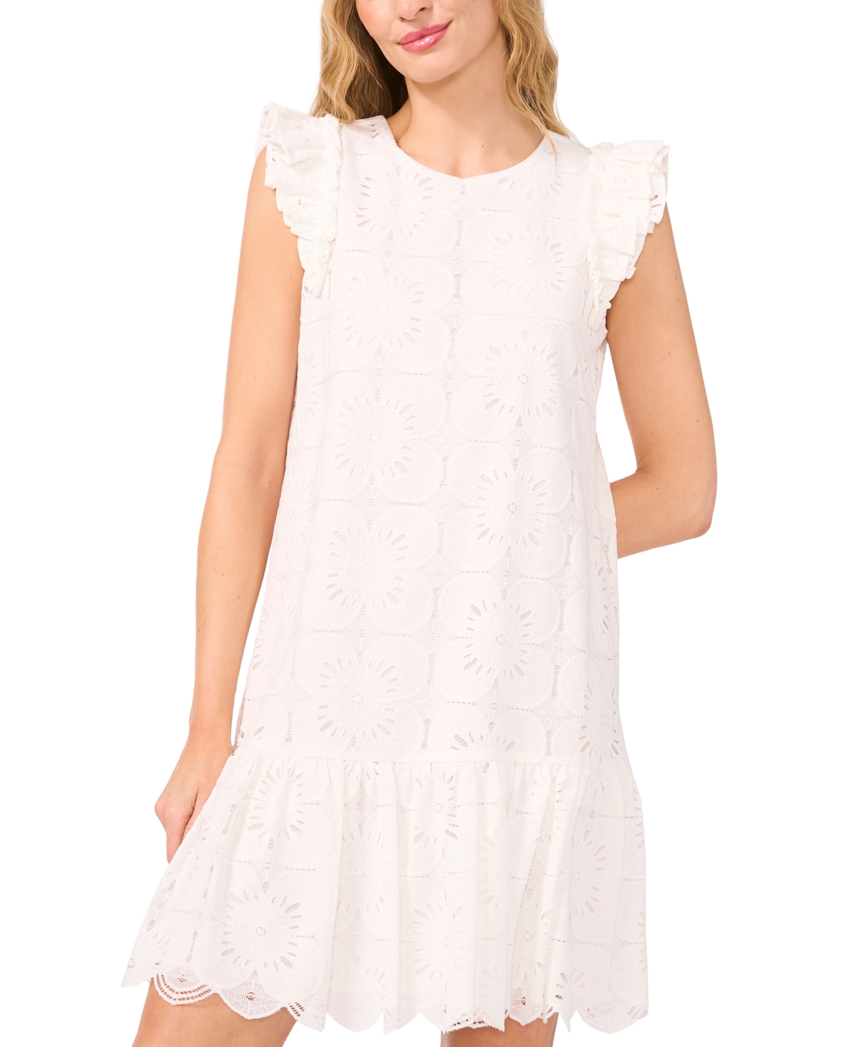 Cece Women's Floral Lace Ruffle Sleeve Mini Dress In Ultra White