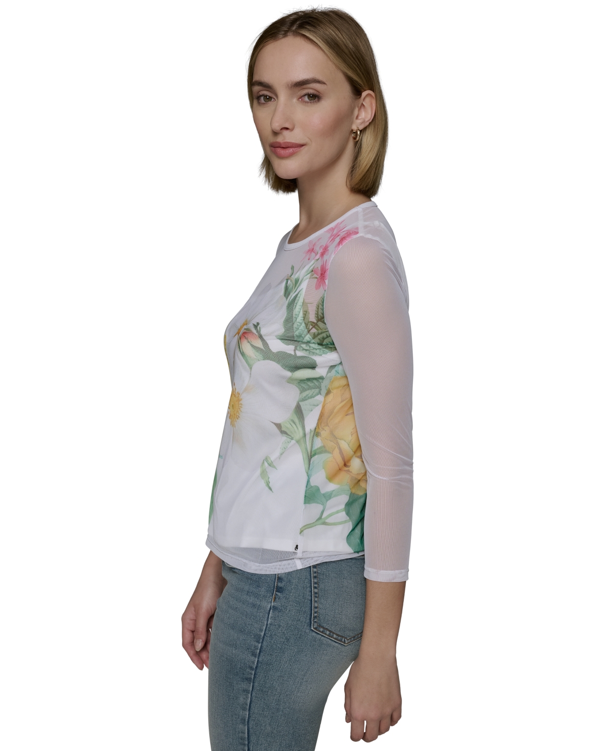 Shop Karl Lagerfeld Women's Sheer Floral 3/4-sleeve Top In Soft White