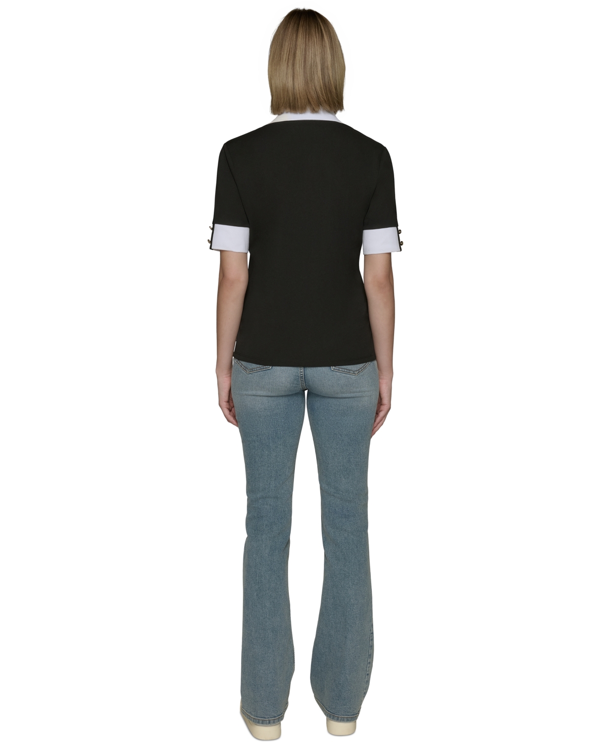 Shop Karl Lagerfeld Women's Contrast-cuff Polo Top In Black