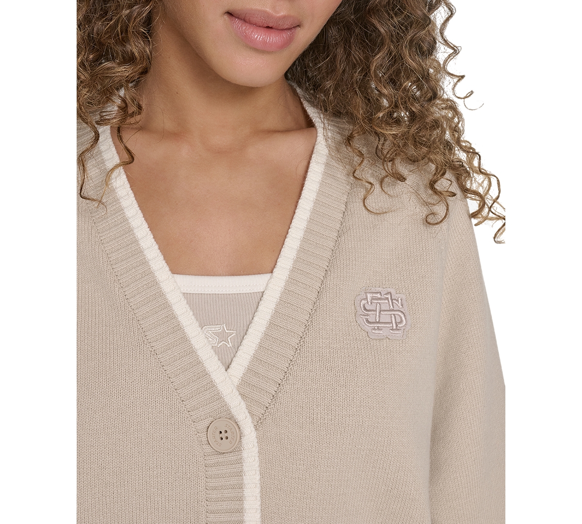 Shop Starter Women's Cotton Contrast-trim Button Cardigan Sweater In Peyote