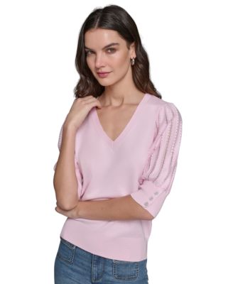 KARL LAGERFELD PARIS - Women's Puffed-Sleeve V-Neck Sweater