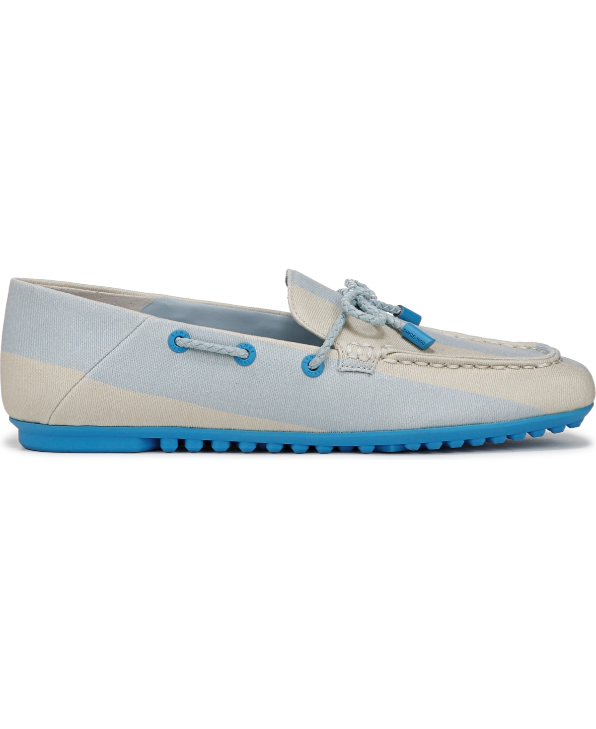 Franco Sarto Women's Zepher Square Toe Apron Toe Boat Shoes In Soft Blue Stripe Twill Fabric
