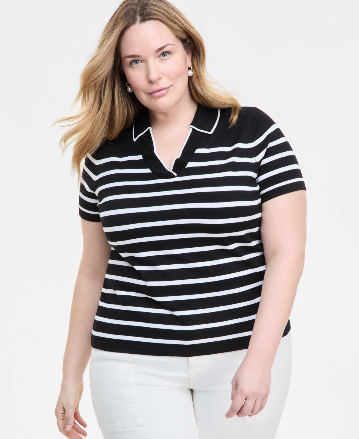 Plus Size Short-Sleeve Collared Sweater - Black White Stripe