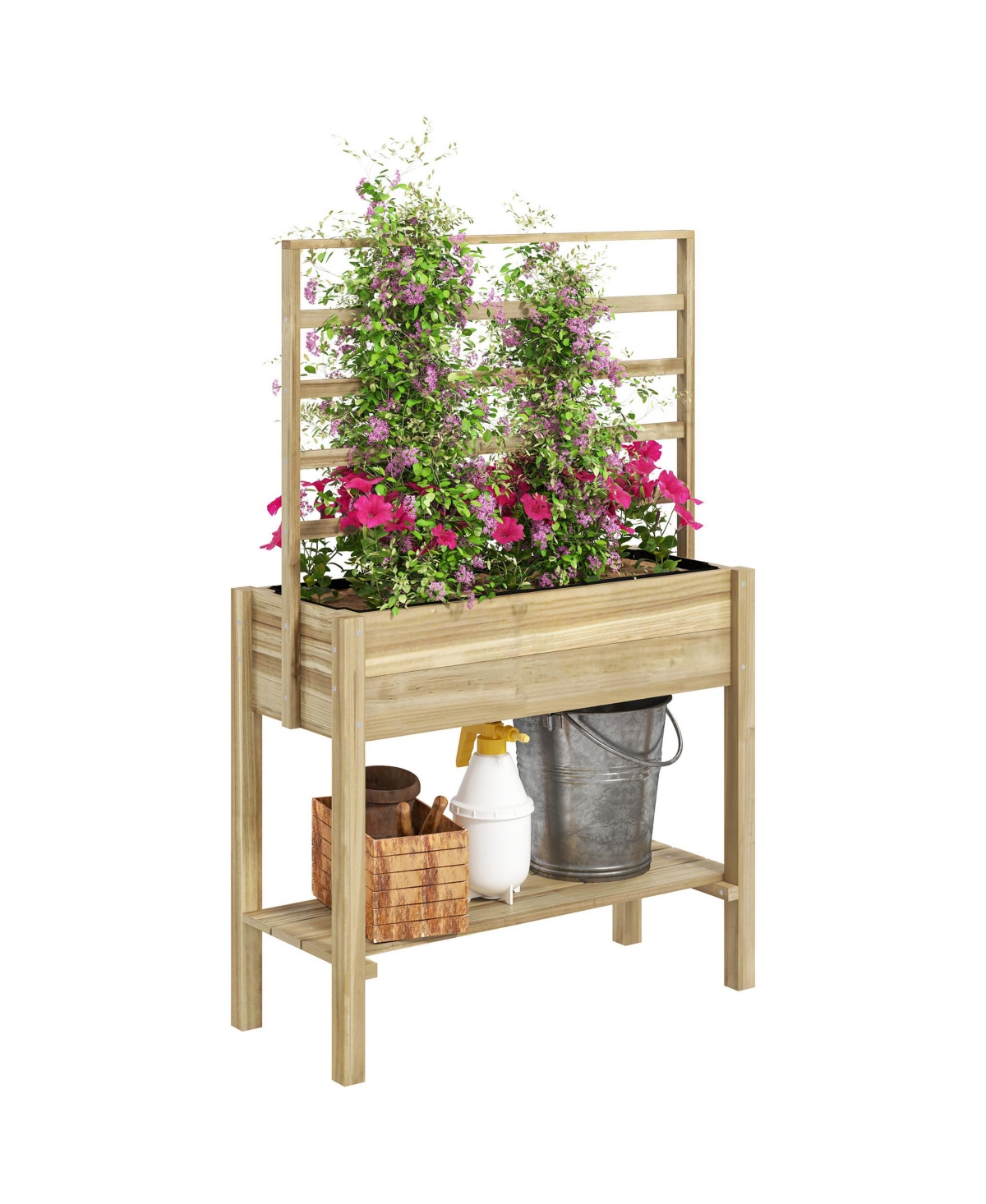 Wooden Raised Planter with Trellis, Garden Box with Storage Shelf - Natural wood