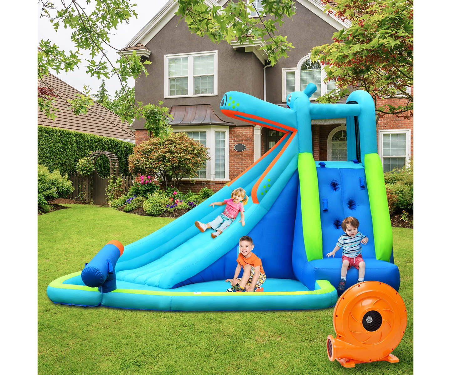 Детский игровой набор Slickblue Hippo Inflatable Water Slide Bounce House Playset, 2-3 Users, Ages 3+, цвет: Синий — фото 2