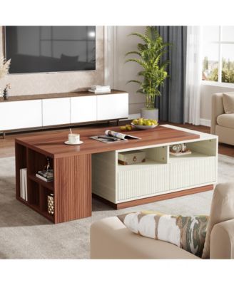 Coffee Table, Extendable Coffee Table with 2 Drawers and Storage Shelves, Rectangular Wooden Center Table with Reversible Tabletop for Living Room (White & Walnut