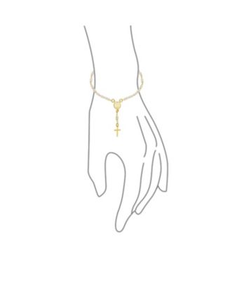 Dainty White Pearl Rosary-Bead Bracelet with Cross Gold Plated 7.5 Inch