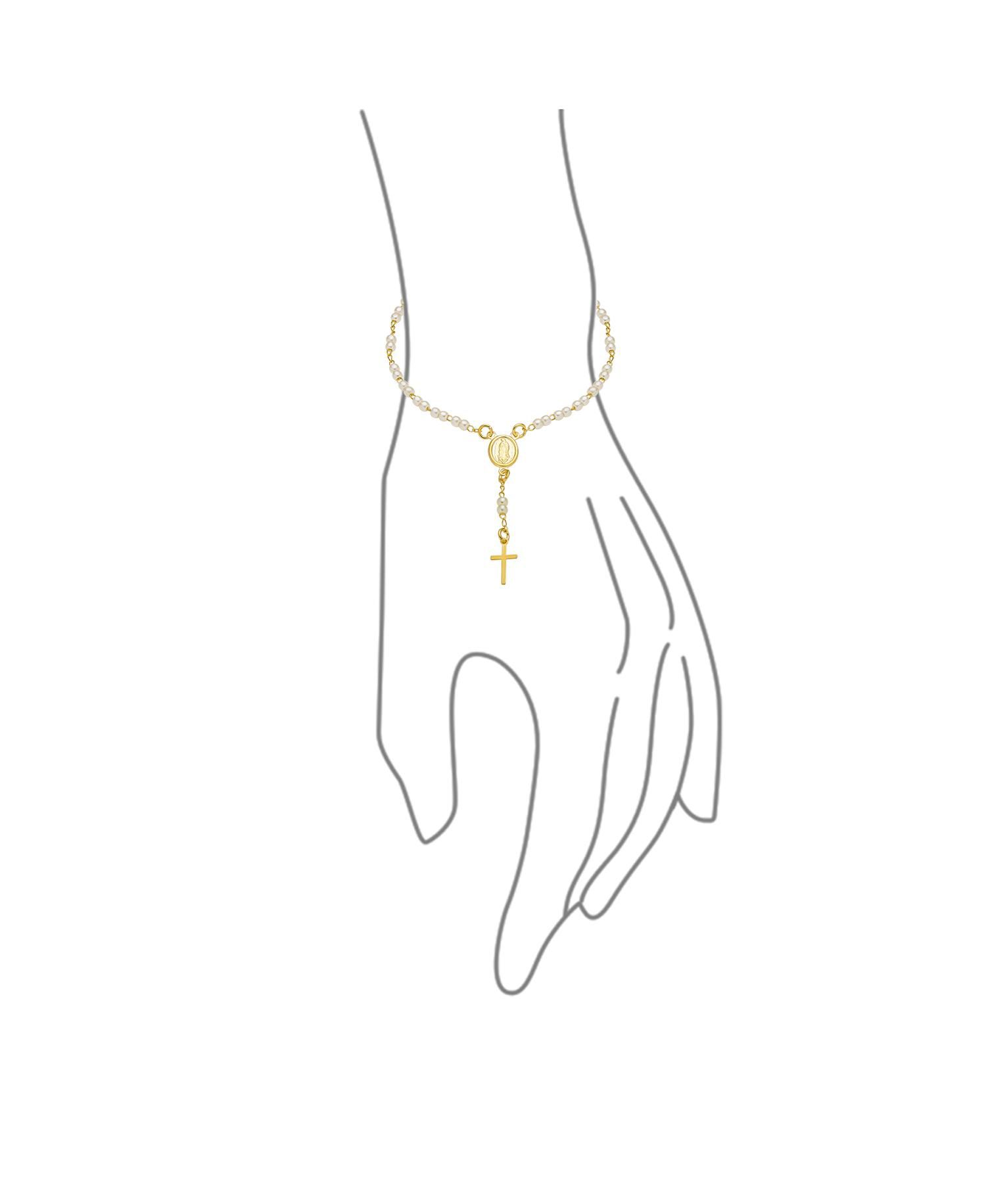 Dainty White Faux Pearl Prayer Rosary Religious Bracelet Yellow Gold Plated