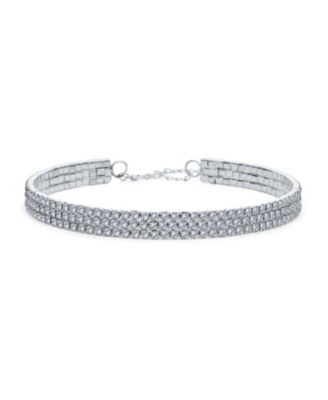 Simple Classic Sparkly 3 Row Rhinestone Necklace Rhodium Plated