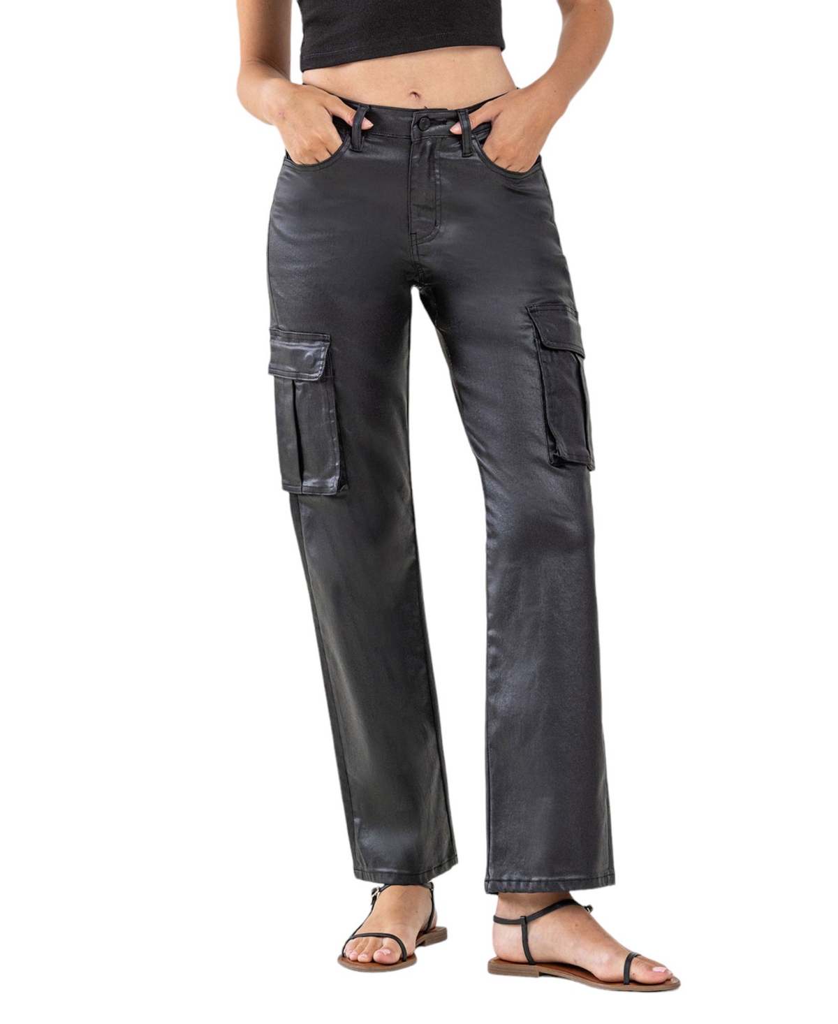Women's High Rise Coated Cargo Straight Jeans - Astonished black