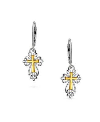 Filigree Two Tone Fleur De Lis Cross Dangle Earrings Plated