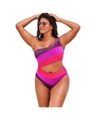 Women's One Shoulder Color Block Cutout One Piece Swimsuit