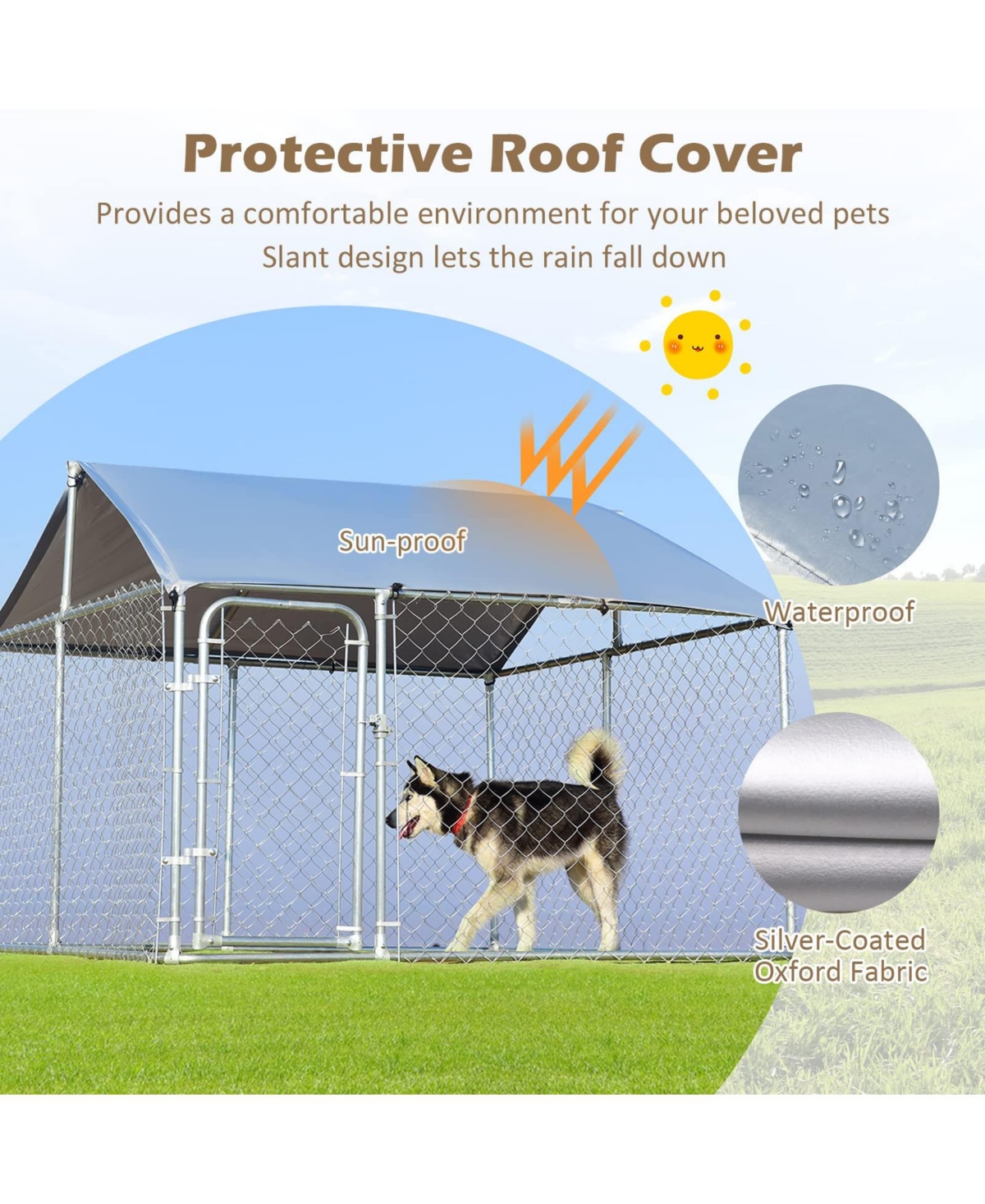 Outdoor Dog Kennel with Roof, 7.5ft Dog Fence with Door and Waterproof Cover, Dog Playpen for Outside Large Dogs