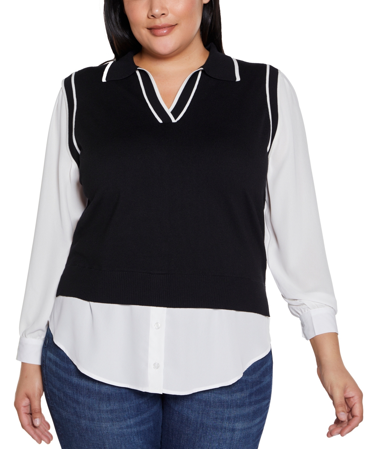 BELLDINI PLUS SIZE COLLARED SPLIT-NECK TWO-FER SWEATER 