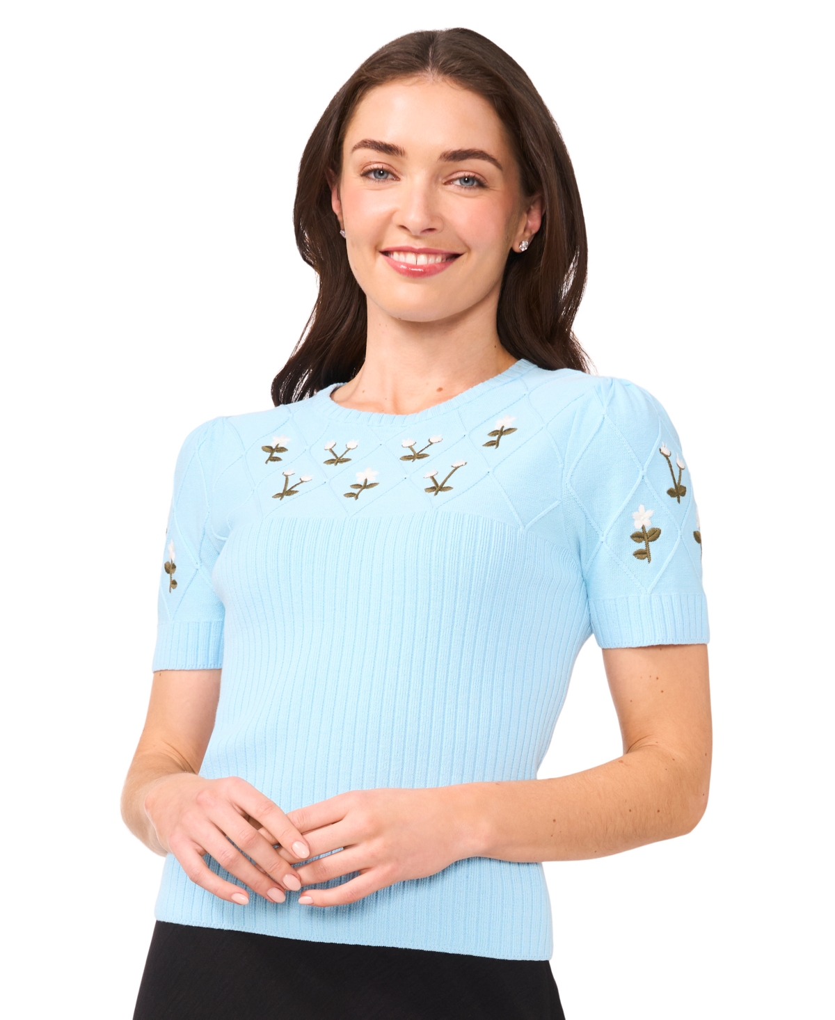 Women's Crewneck Flower Embroidered Short Sleeve Cotton Sweater - Confetti Pink