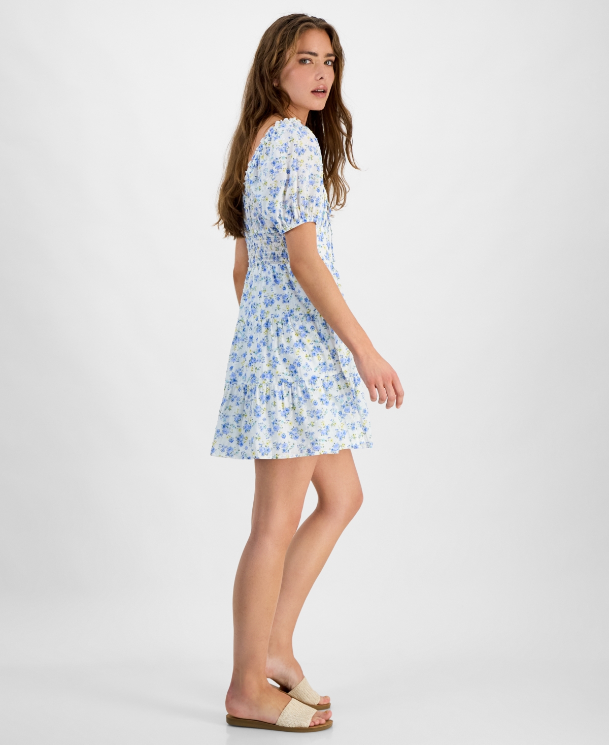 KINGSTON GREY JUNIORS' FLORAL-PRINT COTTON PUFF-SLEEVE MINI DRESS 