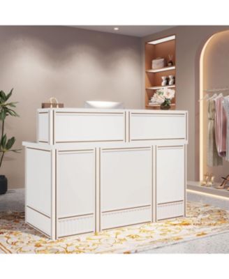 Reception Desk with Counter, 57-Inch Rustic Front Desk Receptionist Table, Boho Welcome Desk Checkout Counter for Office, Retail, Lobby, Beauty Salon