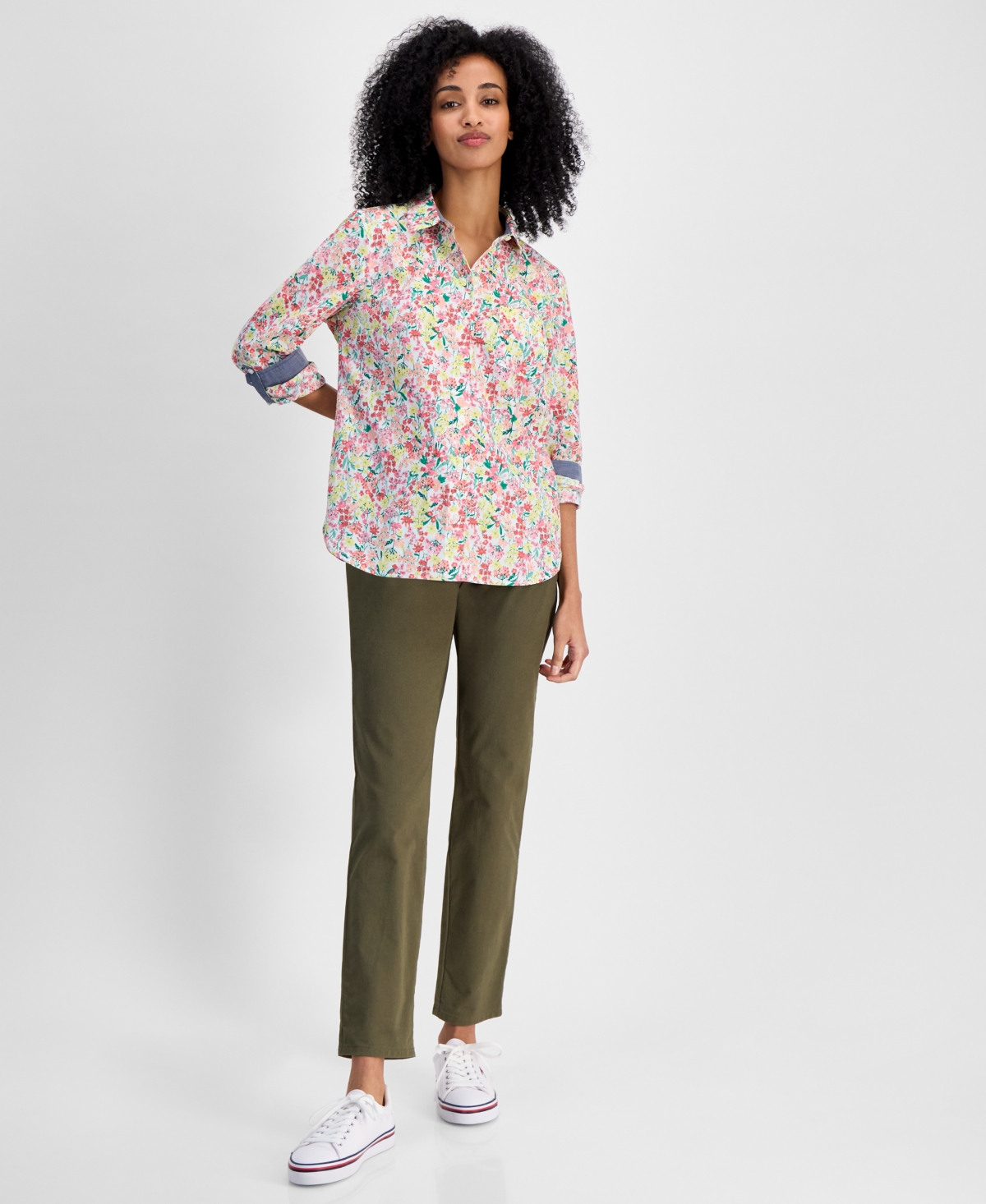 Tommy Hilfiger Women's Floral-print Roll-tab Shirt In Multi