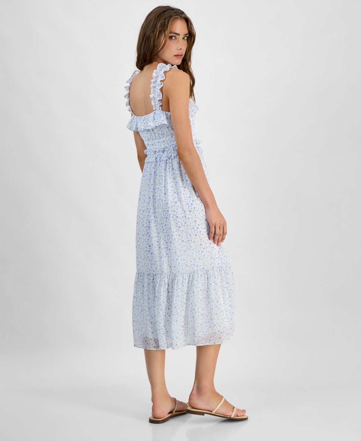 KINGSTON GREY JUNIORS' RUFFLED SQUARE-NECK SLEEVELESS MIDI DRESS 