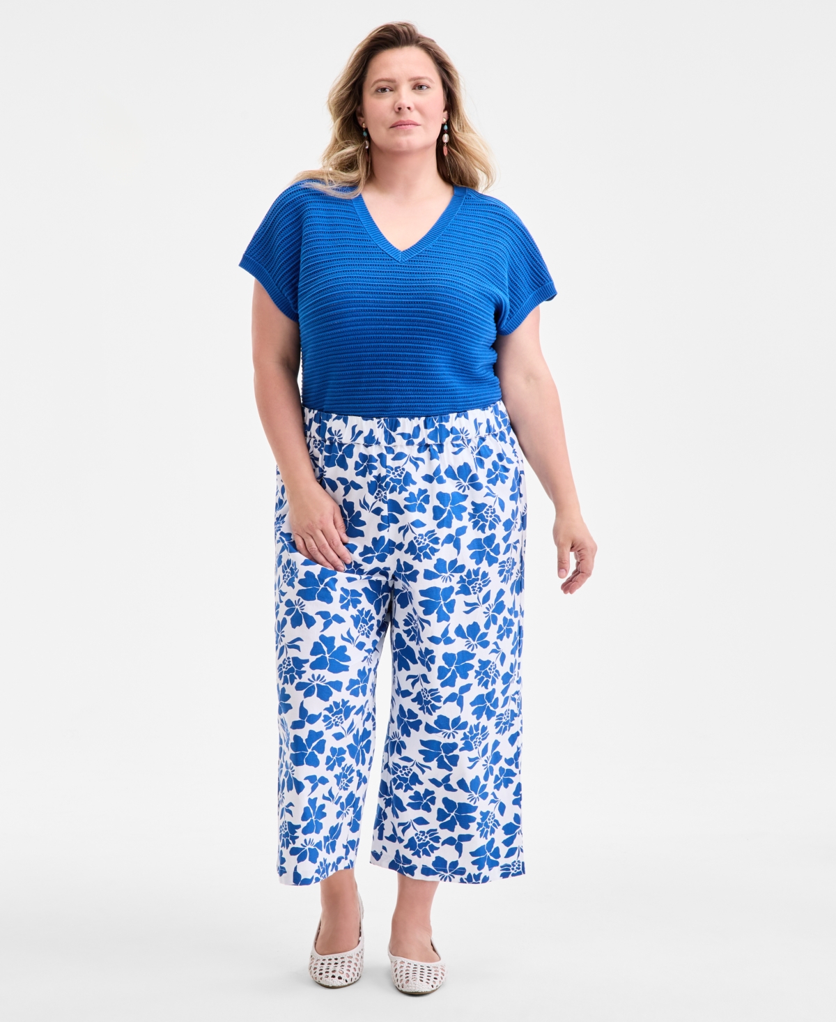 Plus Size Floral-Print Wide-Leg Pants, Exclusively at Macy's - Floral Abyss Blue