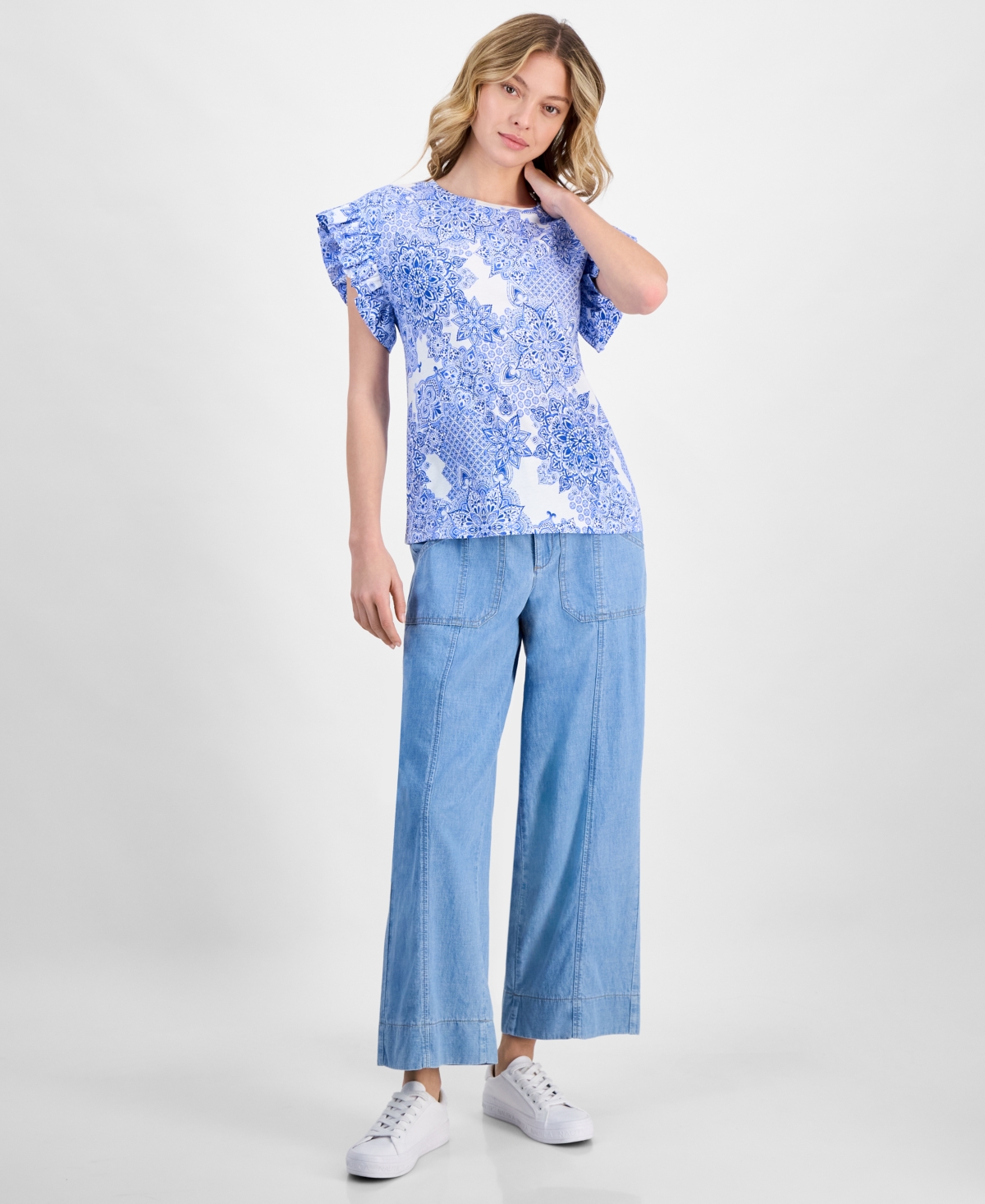 Nautica Jeans Women's Printed Flutter-sleeve Top In Bright White Multi