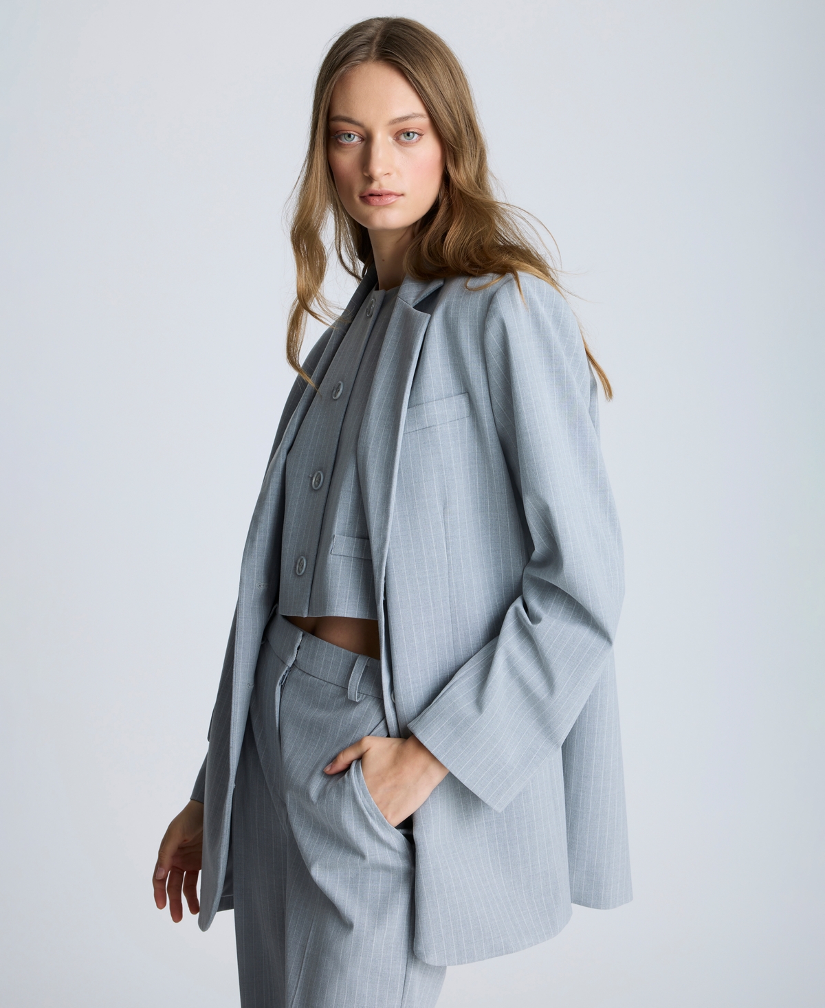 Kenneth Cole Pinstripe Button Notch Collar Jacket In Grey Dusk,pure White