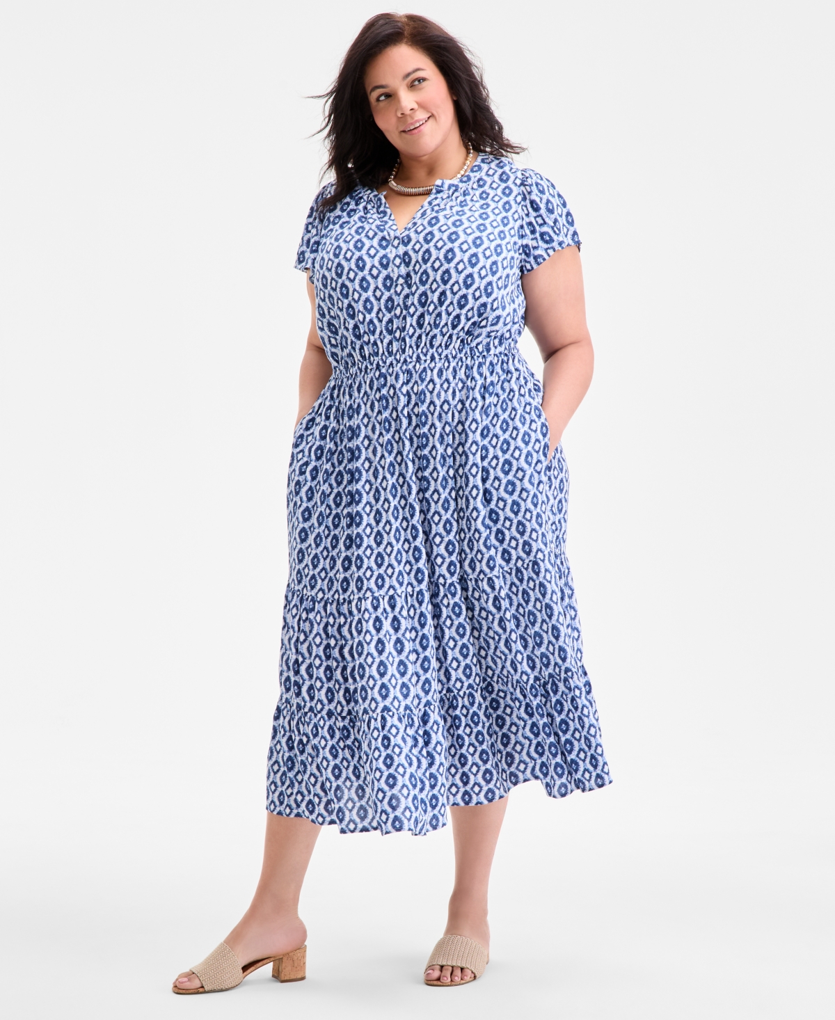 Plus Size Printed V-Neck Short-Sleeve Dress, Exclusively at Macy's - Dyed Geo Navy