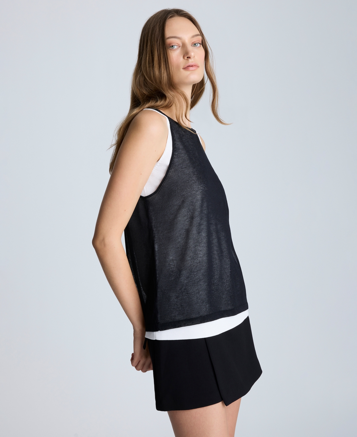 Kenneth Cole Double Layer Mixed Yarn Two-color Sheer Tank In Black,pure White
