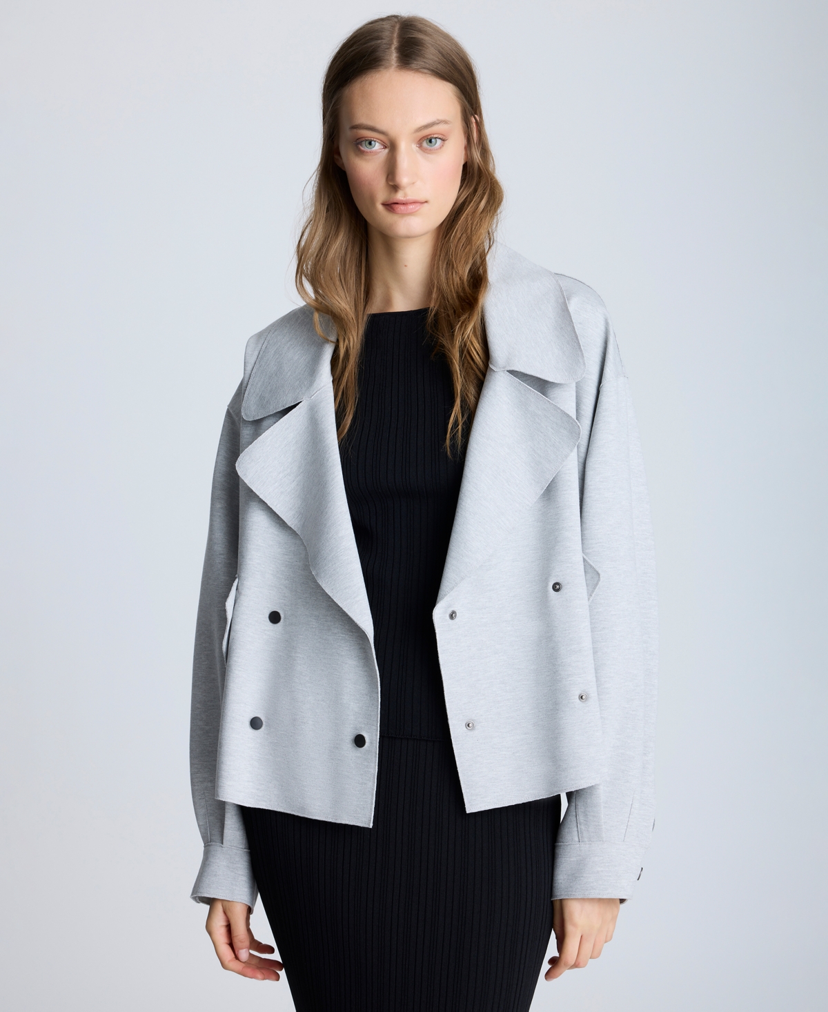 Women's Heathered-Scuba Snap-Front Trench Coat - Grey Heather