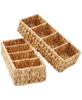 Set of 2 Water Hyacinth Storage Baskets with 4 Sections, Natural - Woven Bin Organizers for Bathroom, Laundry, Pantry, Office, Shelves