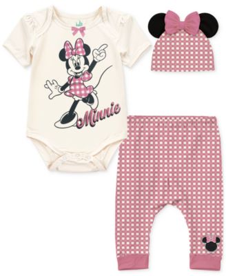 Baby Girls Minnie Mouse Bodysuit, Pants & Hat, 3 Piece Set