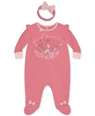 Disney - Baby Girls Princess Footed Coverall & Headband, 2 Piece Set