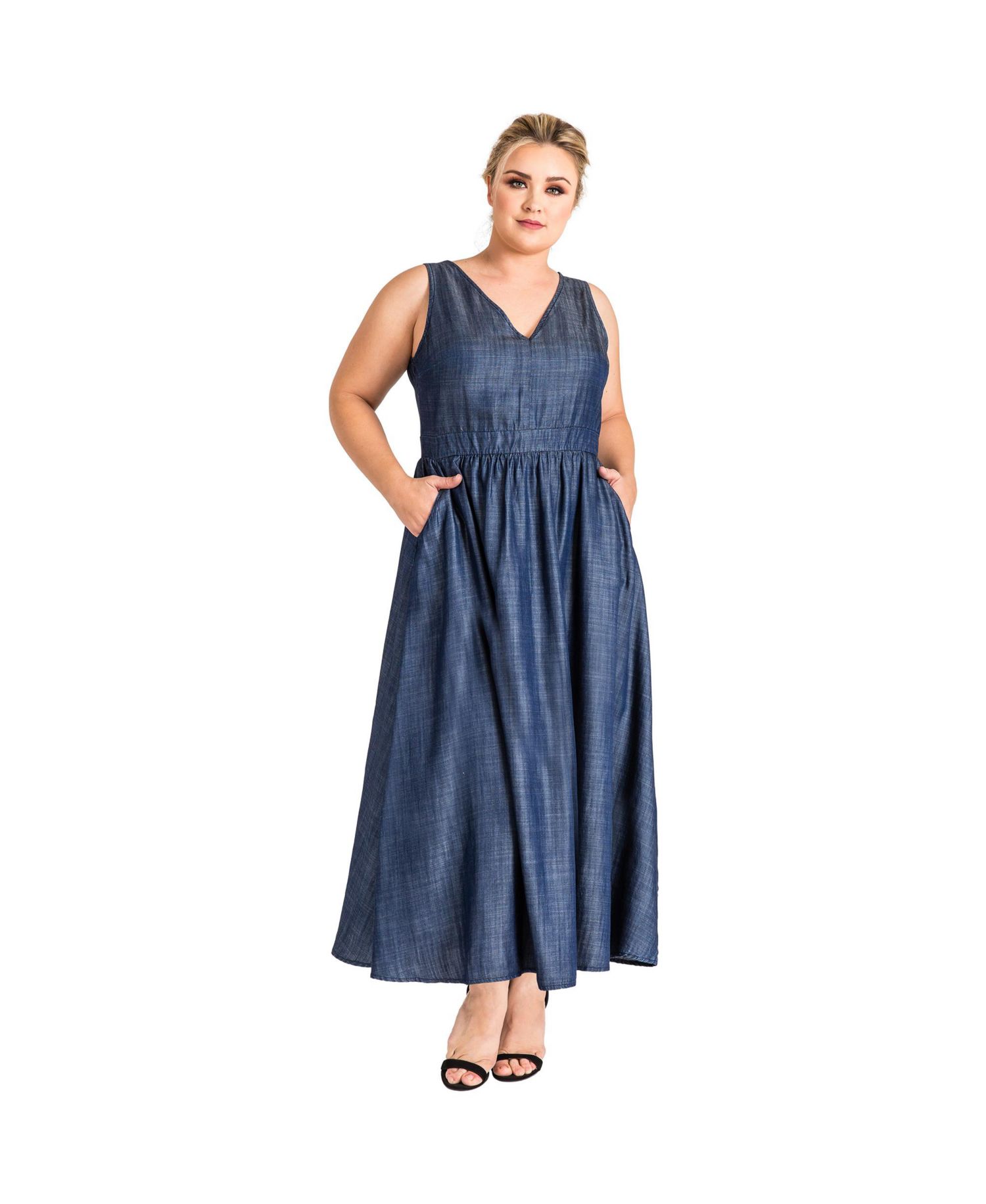 Plus Size V-Neck A-Line Tencel Denim Maxi Dress