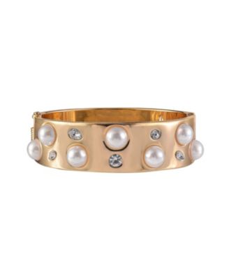 Gold Tone Hinge Bracelet with Crystal Stone and Pearl Accents