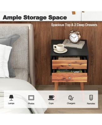 2-Piece Wooden Nightstand Set with 2 Storage Drawers – Mid-Century End Side Table for Living Room