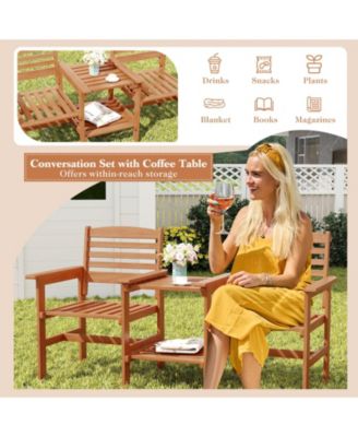 Outdoor Patio Wood 2-Seat Conversation Set with Coffee Table and Umbrella Hole