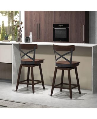 Set of 2 Wooden Swivel Bar Stools Counter Height Kitchen Chairs w/ Back
