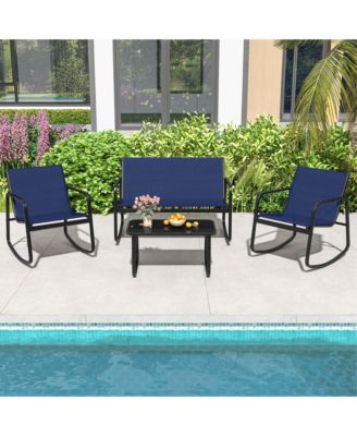 4 PCS Patio Rocking Set 2 Rocking Chairs & Loveseat with Glass-Top Table Outdoor