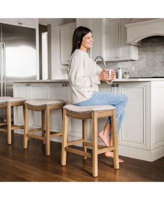 Adrien Backless Saddle Kitchen Stool, Natural Wood Finish, Set of 4