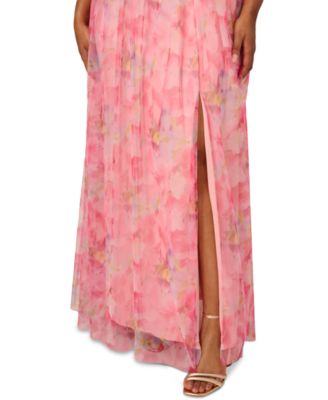 Plus Size Printed Tulle Off-the-Shoulder Gown 