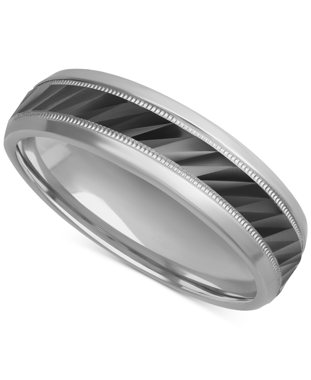 Macy's Men's Milgrain Bead Step-edge Wedding Band In Sterling Silver & Black Rhodium In Silver  Black