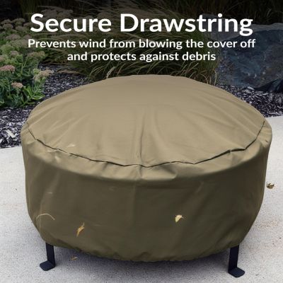 Outdoor Heavy-Duty Weather-Resistant PVC and 300D Polyester Round Fire Pit Cover with Drawstring and Toggle Closure
